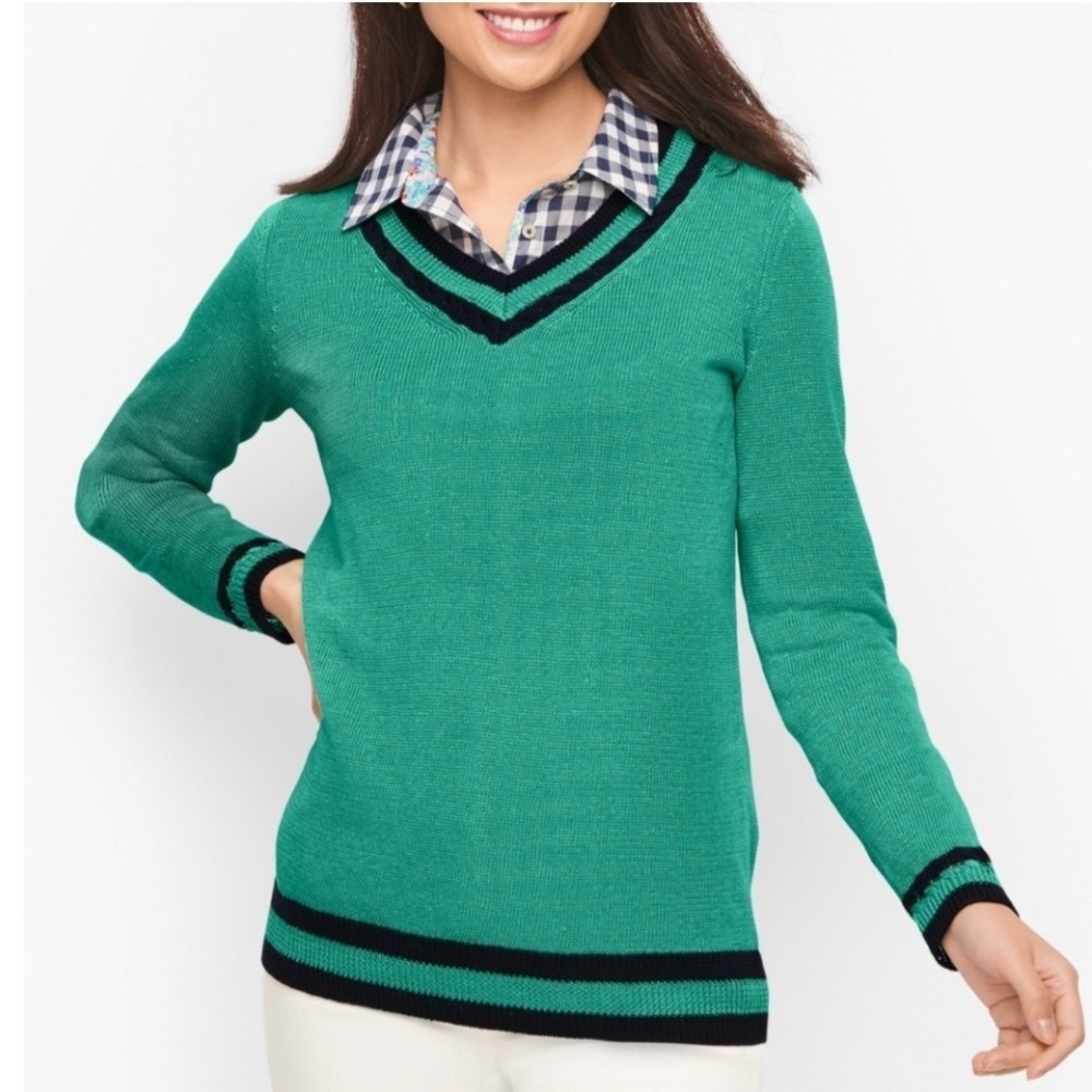 Talbots Green Linen V-Neck Preppy Cricket Sweater Pullover Knit MP